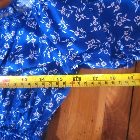 Passport Blue Floral Dress Smocked Waist Open - Sz L (fits like a Small Med) - Picture 7 of 10